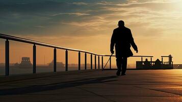 Old man strolling on the promenade aided by a cane photo