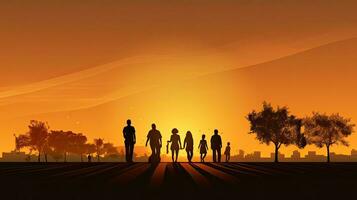People walking in a park with a golden sunset background silhouette photo