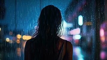 gotas de lluvia en un borroso vaso ventana con un silueta niña en un ciudad calle a noche rodeado por vistoso neón ciudad luces foto