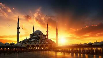 Famous historical Ottoman mosque in Istanbul Turkey popular tourism destination at sunset photo