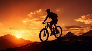 Mountain biker in sunset symbolizing triumph overcoming challenges and working out photo