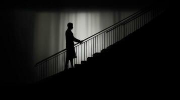 Two people descending the stairs in shadow photo