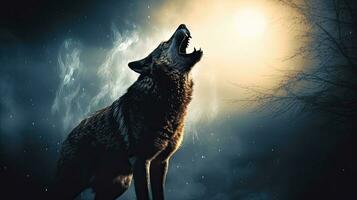 Víspera de Todos los Santos concepto lobo silueta clamoroso a lleno Luna en brumoso fondo foto