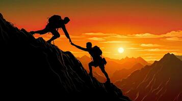 Assisting climbers on rocky mountain at sunset during a perilous situation photo