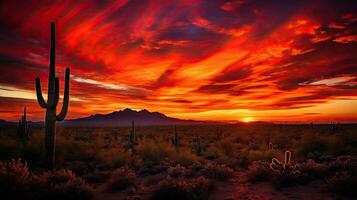 Silhouetted cacti amidst fiery desert sky in Arizona s Saguaro National Park West photo