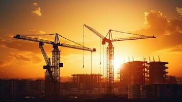 Sunrise with silhouetted cranes and buildings in industrial construction photo