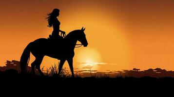 Silhouetted sports girl on horseback in countryside against a sunrise background photo