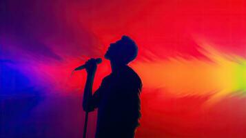 Male singer s silhouette sings into microphone with copy space Retro glitch noise selective focus in thermography gradients photo