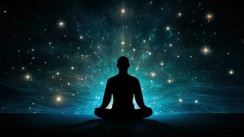 Figure of person seated against starry backdrop Mindfulness within yogic practice Mental wellbeing and tranquility photo