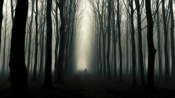 A foggy plantation resembling a tall straight tree row photo