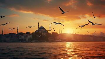 gaviotas volador terminado el bósforo a puesta de sol en Estanbul Turquía foto