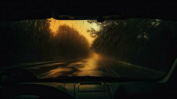 Through the car s wet windshield the trees appear as blurred silhouettes in the dim weather photo