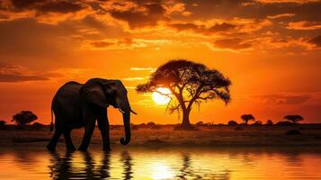 Silhouetted African Elephant during Botswana safari at African sunset photo