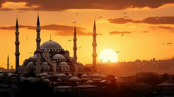 Famous historical Ottoman mosque in Istanbul Turkey popular tourism destination at sunset photo