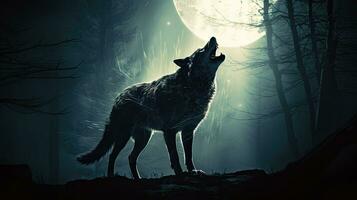 Halloween concept Wolf silhouette howling at full moon in foggy backdrop photo