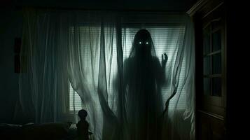 borroso fantasma silueta en dormitorio ventana a noche horror escena en Víspera de Todos los Santos foto