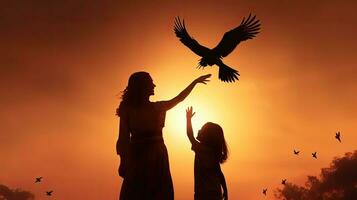 madre y hija observando un pájaro en vuelo simbolizando libertad esperanza y lecciones hacia éxito foto