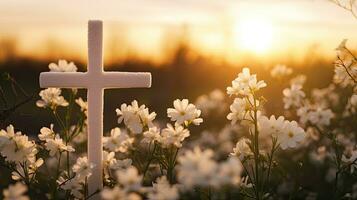 Spring blossoms forest sunset and Christian cross photo