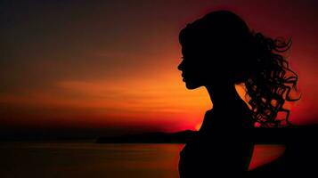 Appreciating the Sunset Woman s Silhouette at Nightfall photo