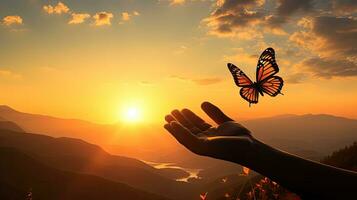 Hand in a meditation position and butterfly Sunset in the mountains shown in a close up shot photo