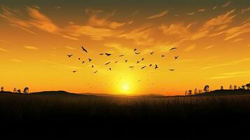 Silhouette cross and birds flying in autumn sunrise meadow background of thanks giving concept photo