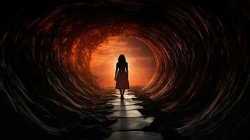 A woman transforms through the mysterious tunnel embracing the unknown photo
