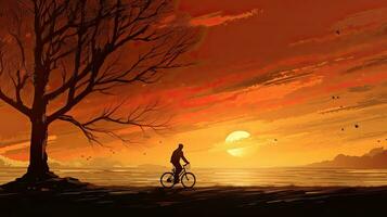 ciclista en medio de puesta de sol marcado por silueta arboles foto