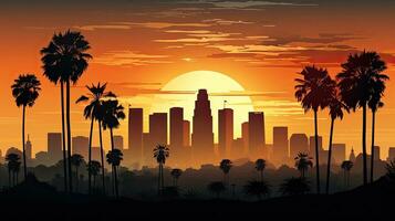 Gorgeous dusk over LA s downtown skyline and palm trees photo