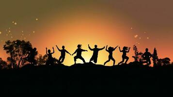 grupo bailando a puesta de sol en silueta foto