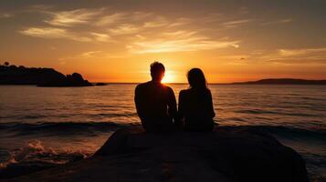 Couple sitting separately watching the sunset over the sea photo
