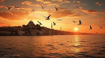 Seagulls flying over the Bosphorus at sunset in Istanbul Turkey photo