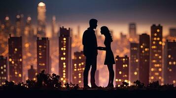 City buildings in cartoon style Realistic miniature buildings with lights in the background Silhouettes of a romantic couple in front of a night city with selective focus photo