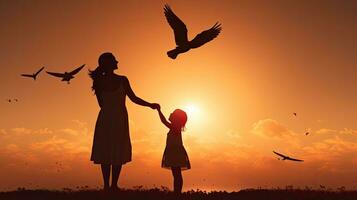 madre y hija observando un pájaro en vuelo simbolizando libertad esperanza y lecciones hacia éxito foto