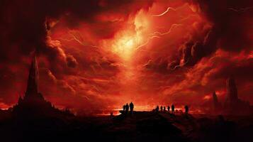 Religiously intense scene fiery sky final judgment eternal damnation fearful figures photo