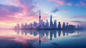 Colorful sky over Huangpu River Shanghai skyline at sunrise photo