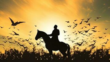 Statue of horse rider with flying birds photo