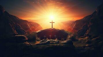 Resurrection empty tomb with crosses at sunrise photo