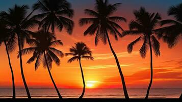 Palm trees silhouette against a stunning background of a tropical sunset beach photo