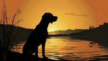 Silhouette of a pointer dog by a river at dusk photo