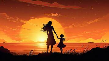 Mother and child silhouette against a sunset photo