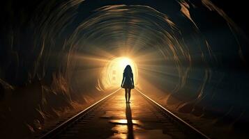 A woman transforms through the mysterious tunnel embracing the unknown photo