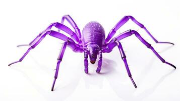 Close up macro shot of a blue violet spider with long legs giving a horror vibe isolated on a white background photo