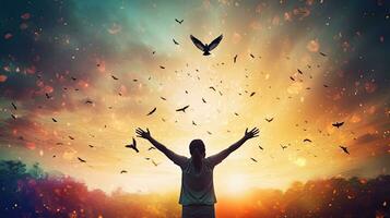Man experiences freedom and adventure while raising hands against sunset sky with bird fly background Vintage filter adds color and style photo