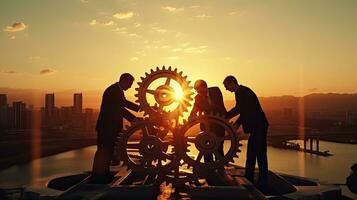 empresarios unirse engranajes en un puesta de sol temática rompecabezas simbolizando camaradería cooperación trabajo en equipo y creatividad foto
