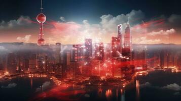 Double exposure with digital world map on China flag and blurred skyscrapers representing research and strategy concept photo