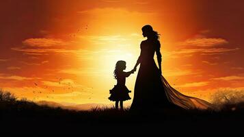 Mother and child silhouette against a sunset photo