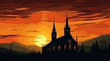 Catholic church silhouette against sunset photo