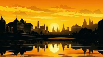 Moscow sunset with silhouettes of famous buildings reflected in the river colored in black and yellow photo