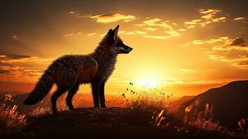 Beautiful and cunning fox silhouette against sunset in nature Wildlife concept photo