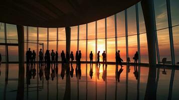silhouetted figures in a contemporary structure at dusk photo